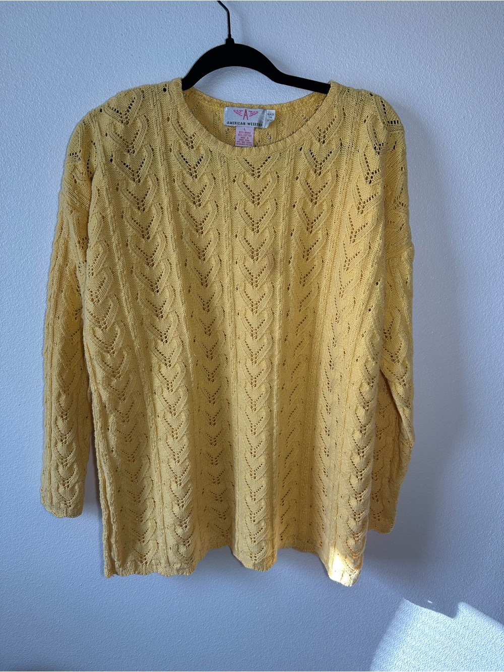 American Weekend Vintage Yellow Pointelle Crewneck Sweater Ramie Blend